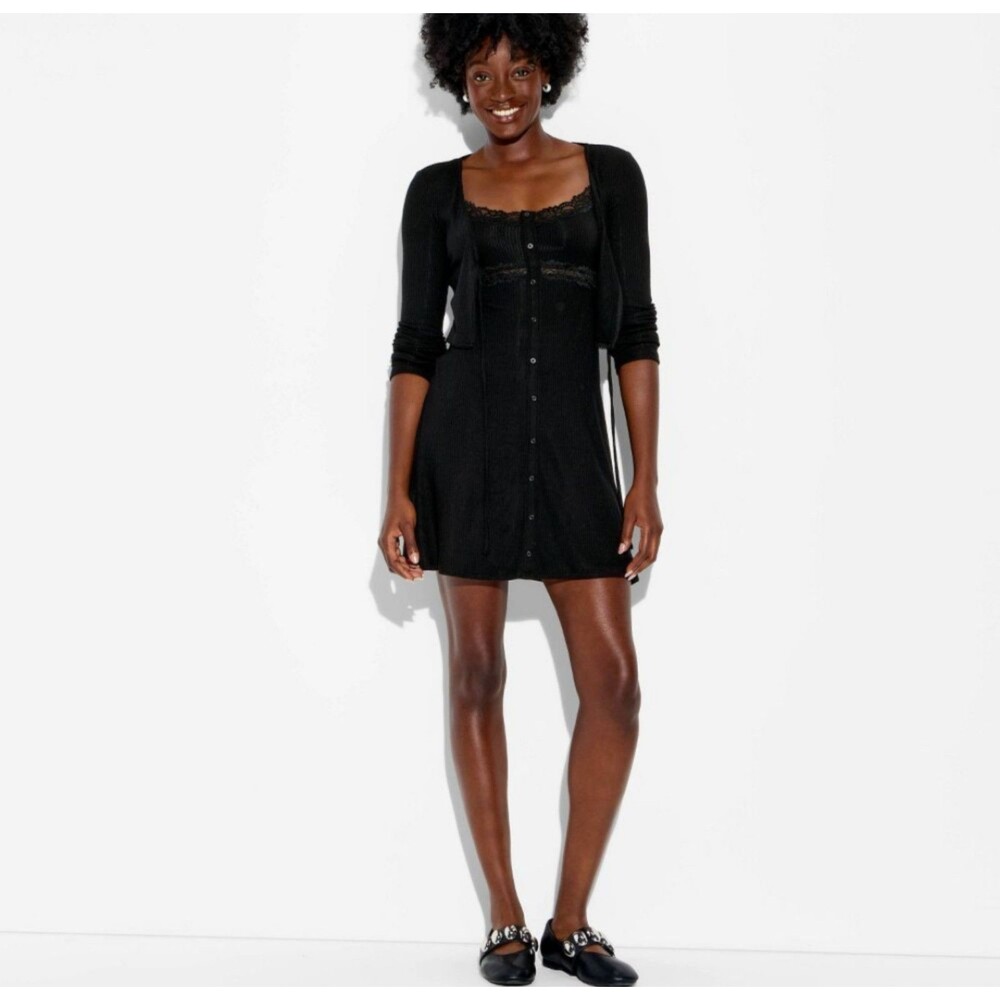 Women's Wild Fable Lace Slip Mini Dress with Cropped Sweater Black Medium